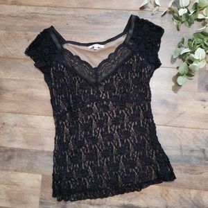 CAbi Black Floral Lace Overlay Lined Top Large